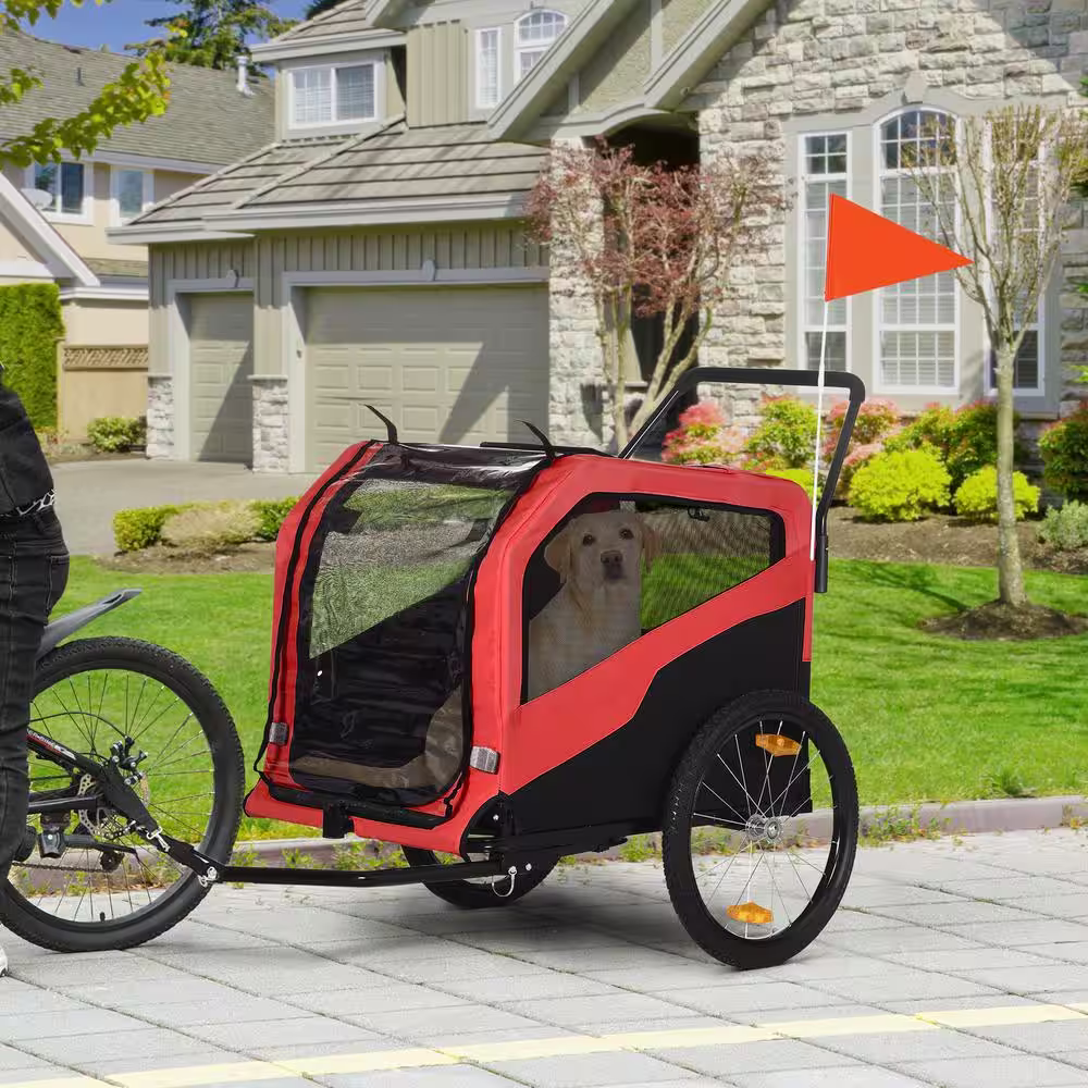 PawHut 2-in-1 Dog Bike Trailer Pet Stroller Carrier for Large Dogs, Pet Bicycle Cart Wagon Cargo for Travel, Red