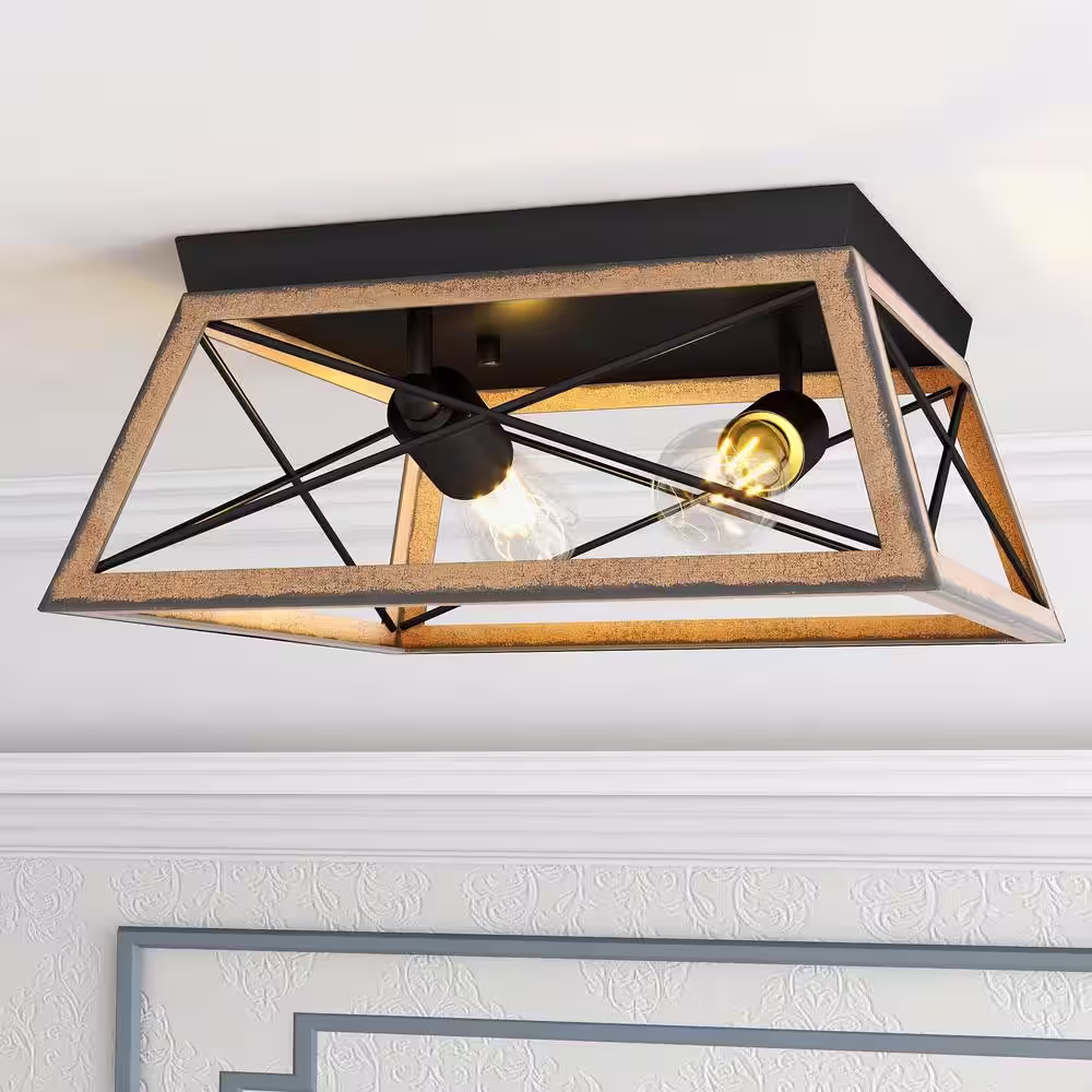 Dawn 2-Light Barnwood Matte Black Flush Mount Ceiling Light Farmhouse Rustic Rectangle