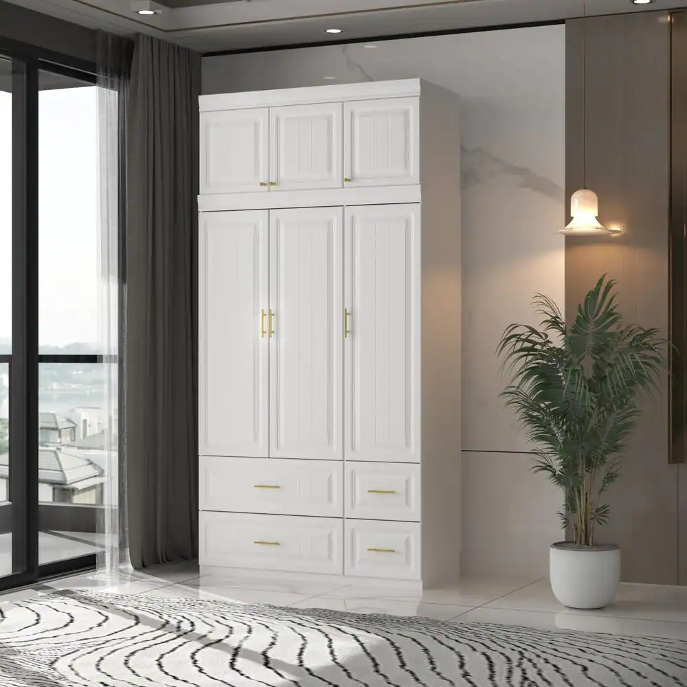 None White 6-Door Big Wardrobe Armoires with Hanging Rod, 4-Drawers, Storage Shelves 93.7 in. H x 47.2 in. W x 20.6 in. D
