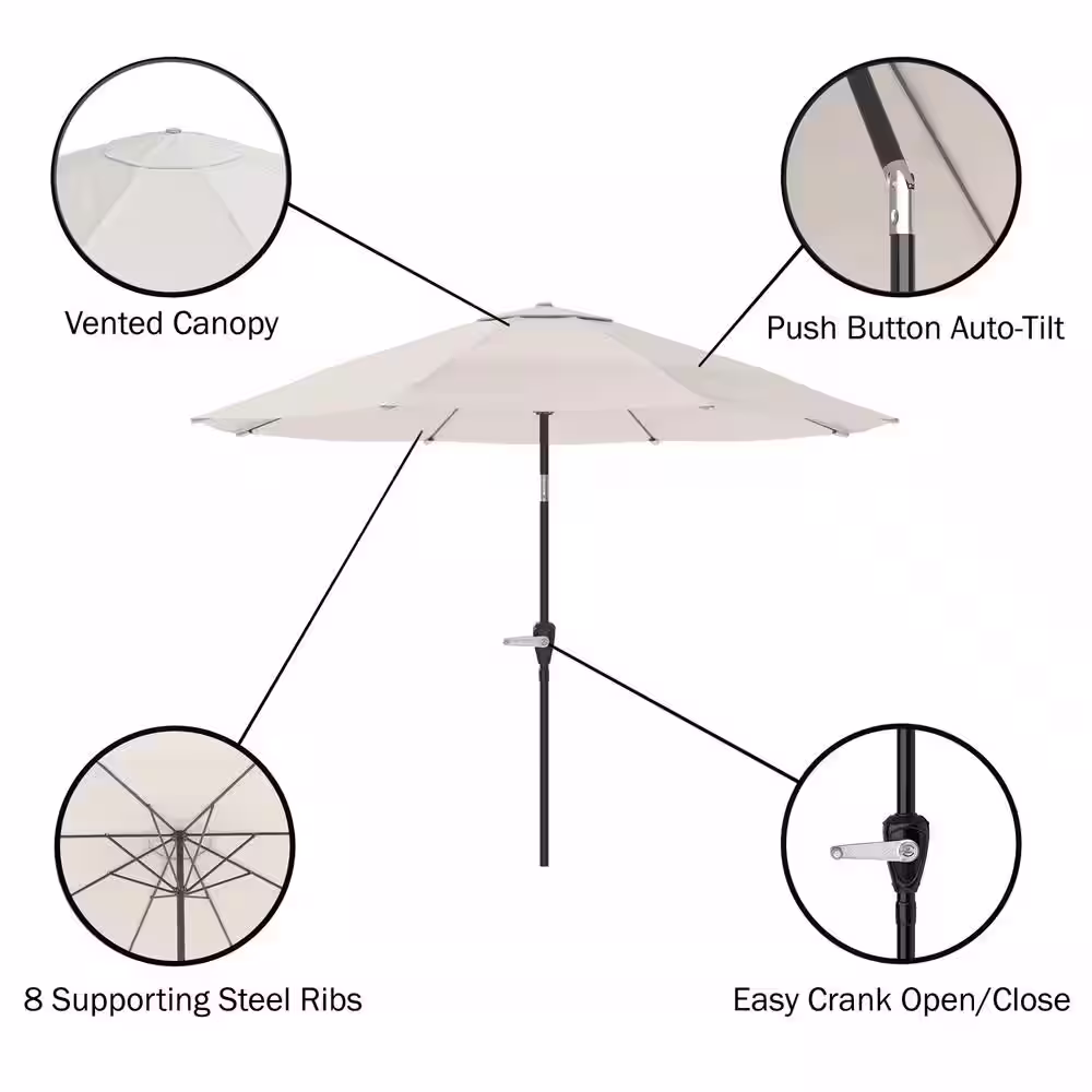 Alaterre Furniture 6 -Piece Set, Okemo Wood Outdoor Dining Table Set with 4 Cushioned Chairs, 10 ft. Auto Tilt Umbrella Tan