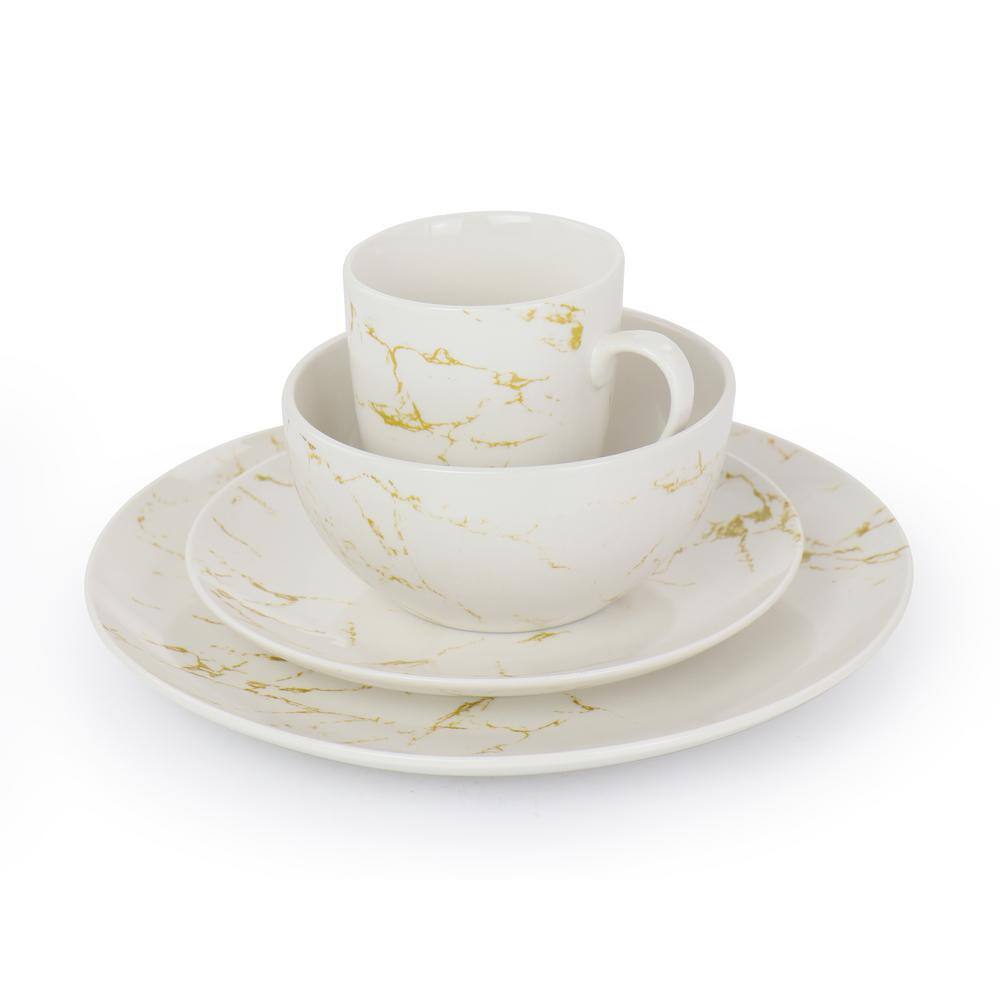 Elama Fine Marble 16-Piece Gold and White Stoneware Dinnerware Set (Service for 4)