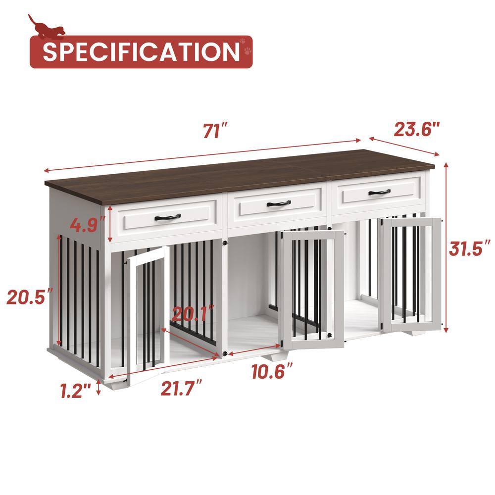 None XL Dog Crate Furniture for 3 Dogs, Large Wooden Dog Kennel with 3 Drawers, Indoor Wooden Dog House Cage with 2 Dividers
