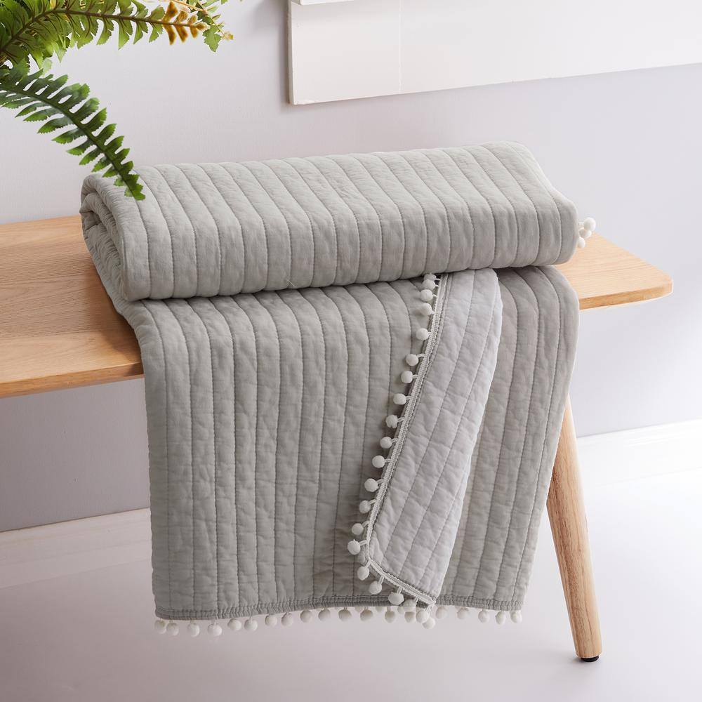 None Pom Pom Taupe Quilted Cotton Throw Blanket