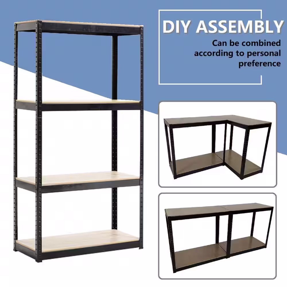 None Black Heavy Duty 4-Tier Steel Frame Shelving Unit (31.47 in. W x 59 in. H x 14.47 in. D)