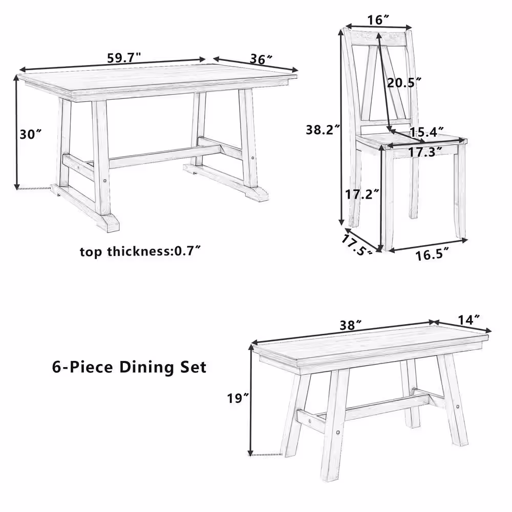 Harper & Bright Designs Farmhouse 6-piece Walnut and White Rectangle MDF Top Dining Table Set Seats 6