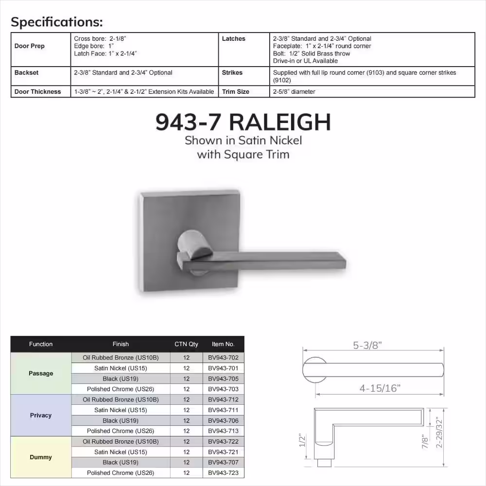 None 943-7 Passage (Hall/Closet) Lever Black