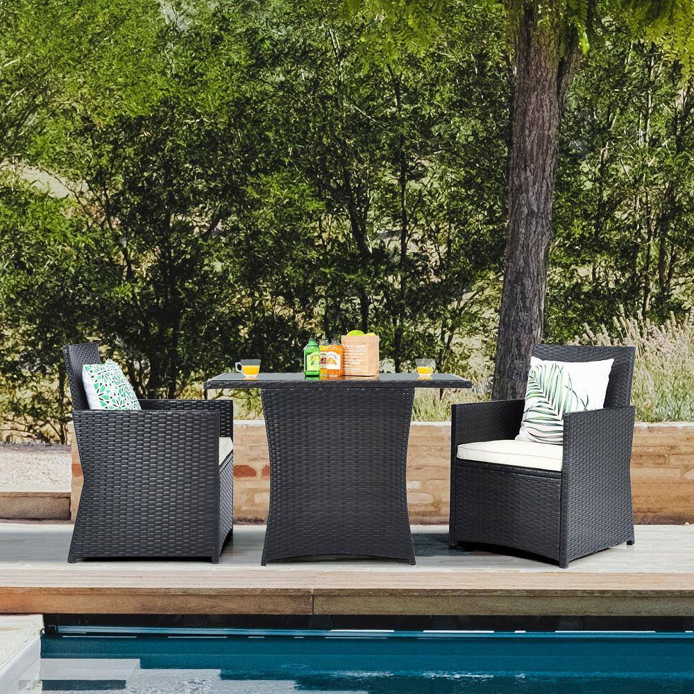 Gymax 3-Piece Patio Wicker Bistro Set PE Rattan Dining Table Set with White Cushions
