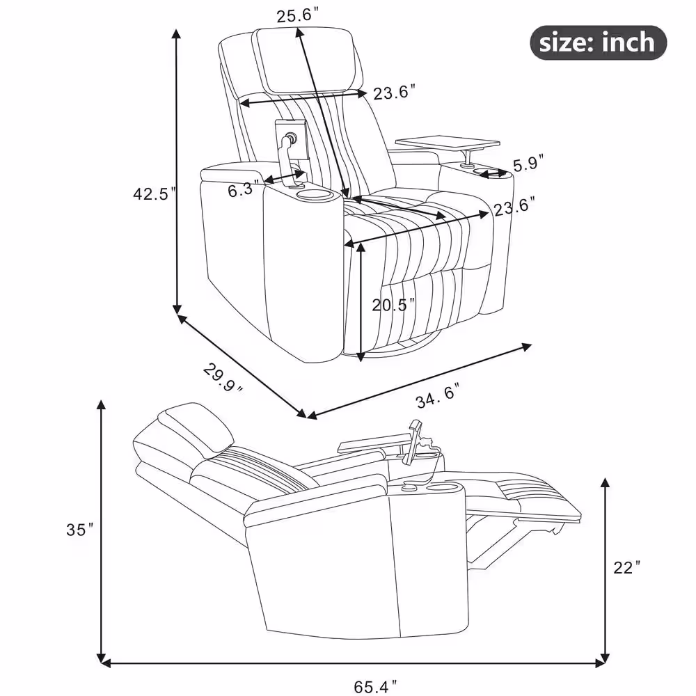 Merax Black Home Theater Power Swivel Recliner with Storage, Cup, Phone Holders, USB Outlet and 360Â° Swivel Tray Table