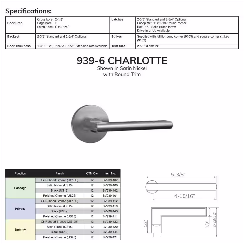 None Bravura Charlotte 939-6 Dummy Door Lever Black w/ Round Trim