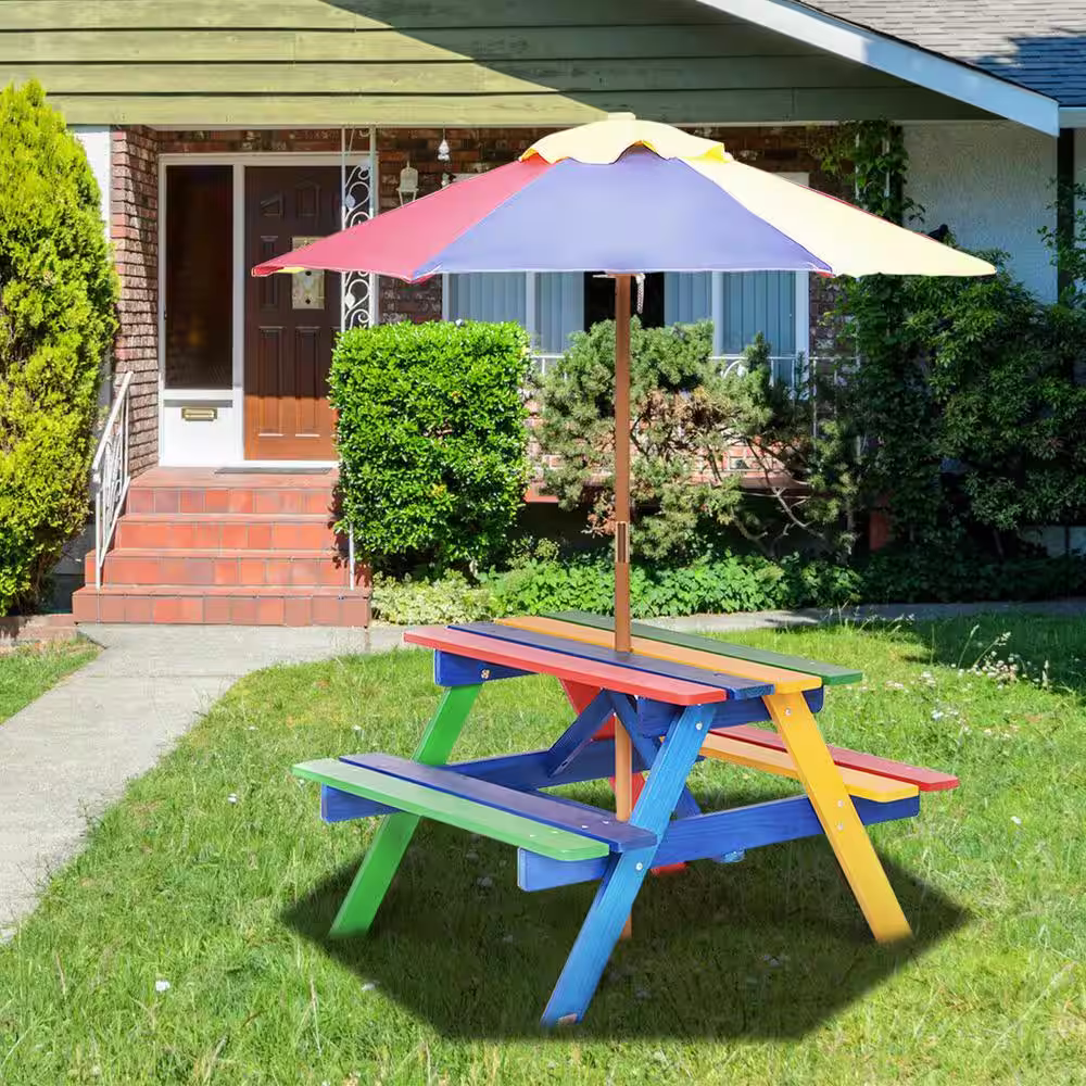 None Rectangular Wood Kids Picnic Table with Bench and Umbrella (4-Seat)