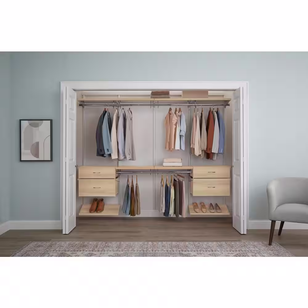 Everbilt Genevieve 8 ft. Birch Adjustable Closet Organizer 2 Short and 2 Double Hanging Rods with 2 Shoe Racks and 4 Drawers