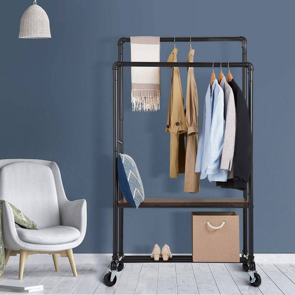 None Black Metal Garment Clothes Rack Double Rods 39 in. W x 72 in. H