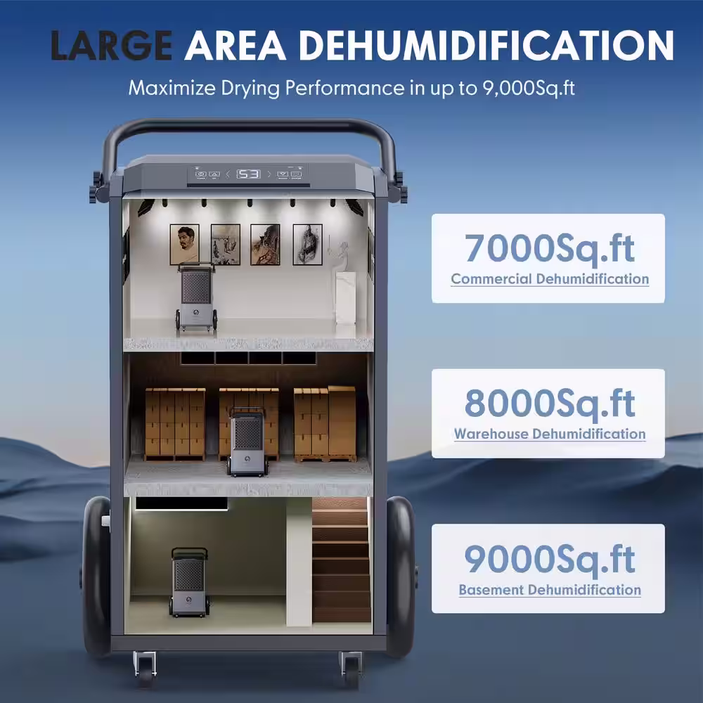 JEREMY CASS 305 pt. 9,000 sq.ft. Bucketless Commercial and Industrial Dehumidifier in Black, NEMA 5-20 Receptacle