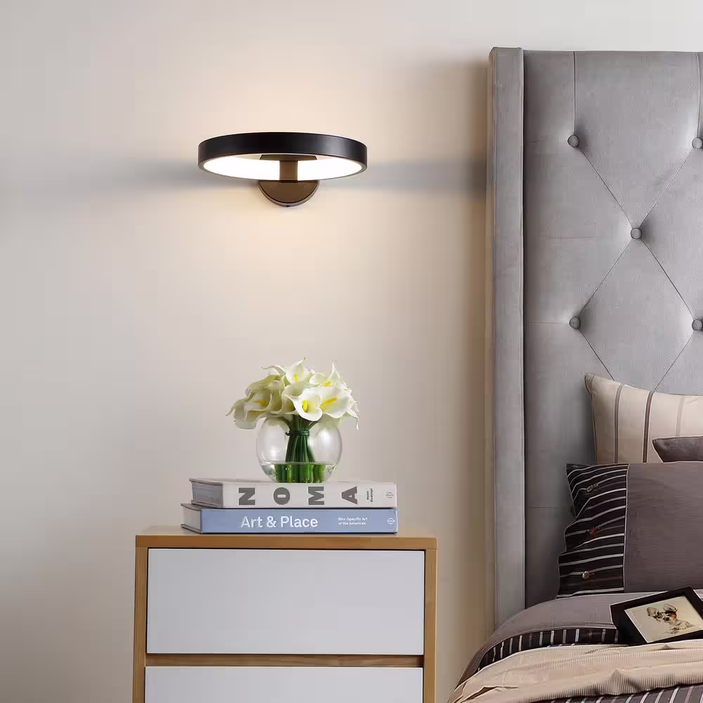 JONATHAN Y Nathaniel 12.25 in. Black Dimmable Integrated LED Metal Wall Sconce