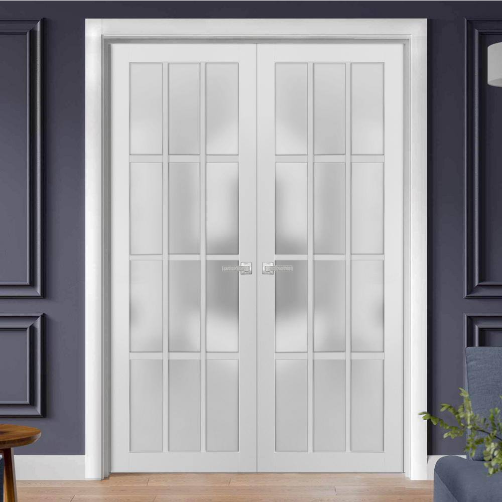 Sartodoors 3312 72 in. x 80 in. Universal Handling Frosted Glass Solid Core White Finished Pine Wood Double Prehung French Door