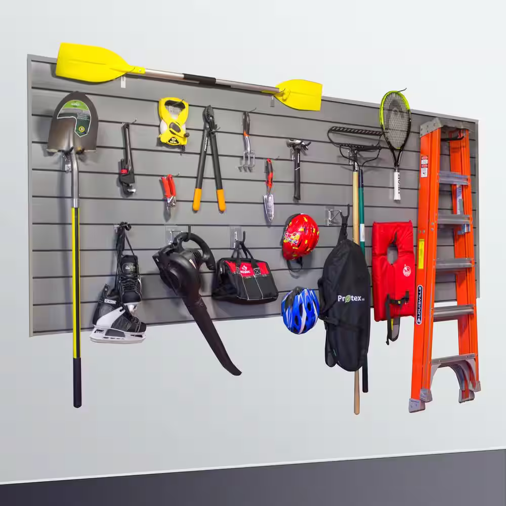 Proslat PVC Slatwall 8 ft. x 4 ft. Light Gray Hook Kit Bundle (20-Piece)