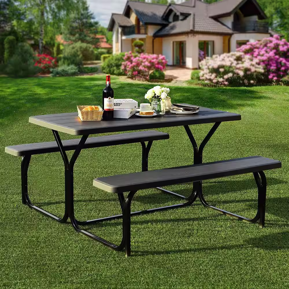 Alpulon Black All-Weather Metal Outdoor Picnic Table Bench Set with Metal Base Wood