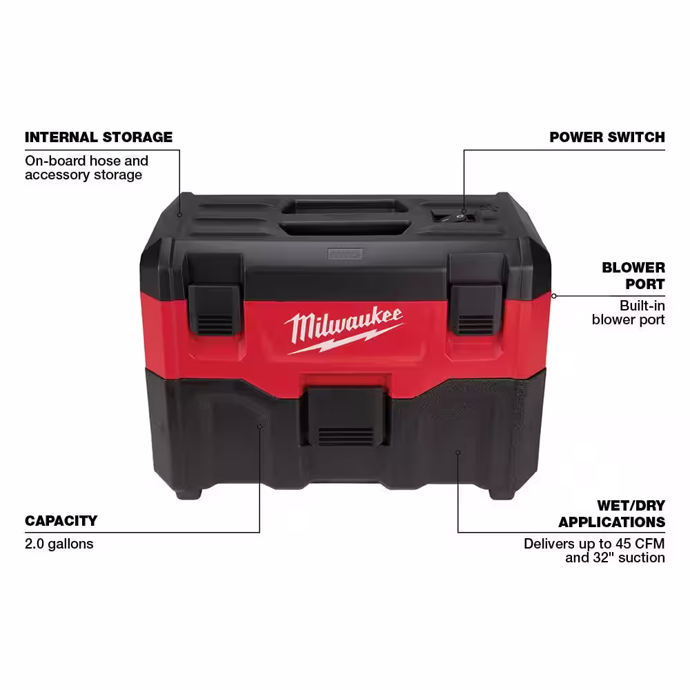 Milwaukee M18 18-Volt 2 Gal. Lithium-Ion Cordless Wet/Dry Vacuum and AIR-TIP Automotive Kit w/Crevice Tools and Utility Nozzle