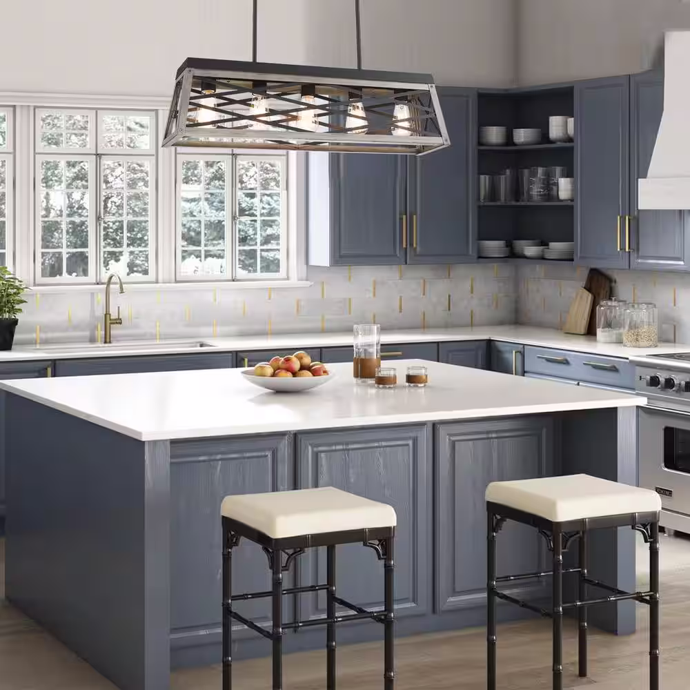 Pia Ricco 5-Light Kitchen Island Anchor Grey Oak and Matte Black Cage Pendant Light