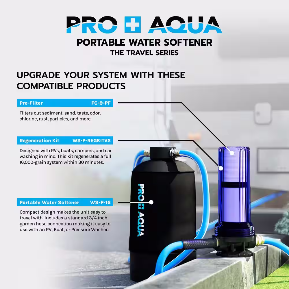 PRO+AQUA Portable RV Water Softener Filter and Soften Hard Water for RV Trailers Vans 16,000-Grains and Filtration System Bundle