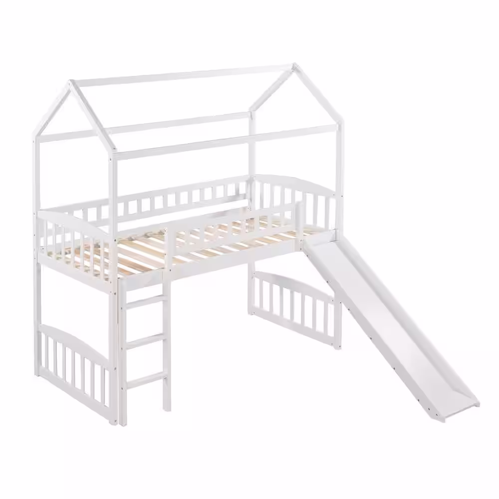 Harper & Bright Designs White Twin Size House Loft Bed with Slide and Ladder
