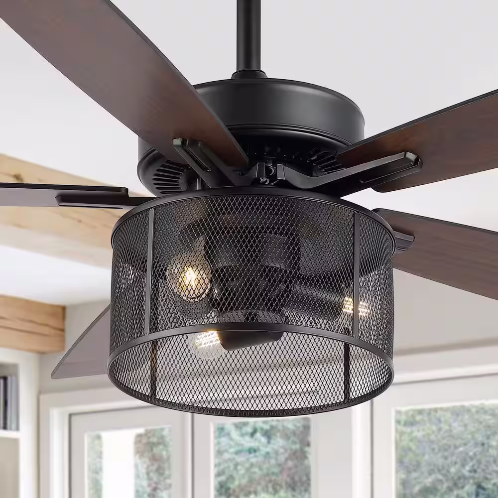 JONATHAN Y Max 52 in. 3-Light Farmhouse Industrial Iron/Wood Mobile-App/Remote-Controlled LED Ceiling Fan, Black/Dark Walnut