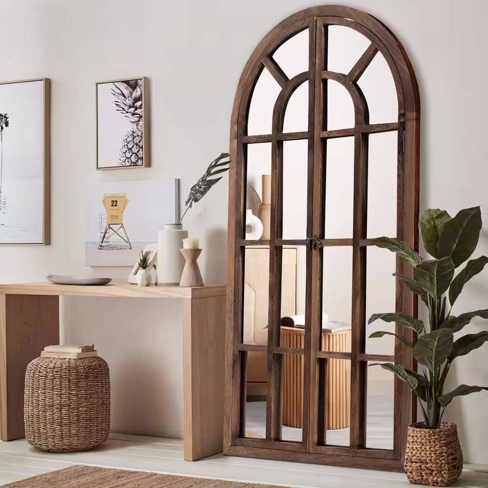 NEUTYPE 31.5 in. W x 71 in. H Oversize Classic Arched Solid Wood Framed Brown Floor Mirror