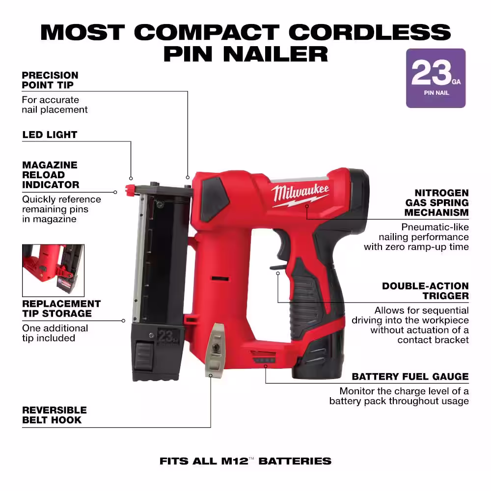 Milwaukee M12 12-Volt 23-Gauge Lithium-Ion Cordless Pin Nailer Kit with M12 Lithium-Ion HACKZALL Cordless Reciprocating Saw
