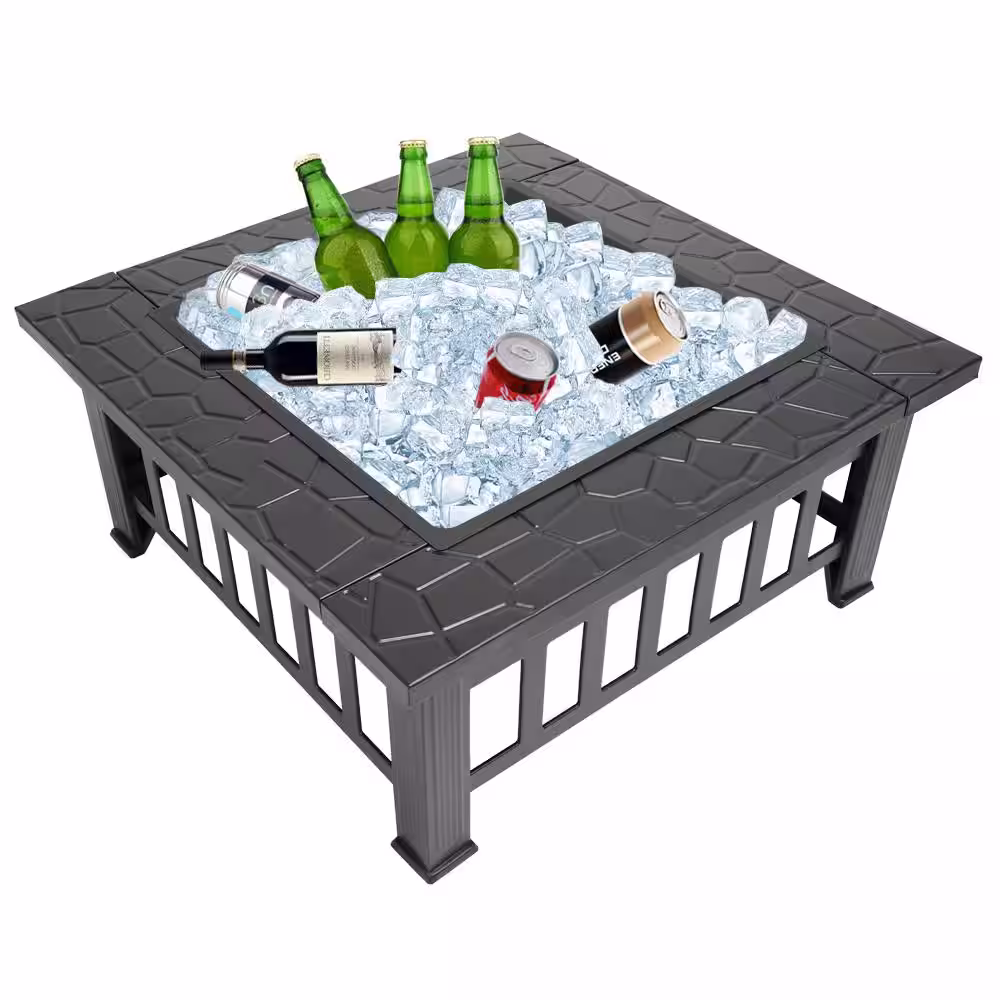 None 32 in. W x 14 in. H Square Metal Wood Burning Fire Pit Table in Black