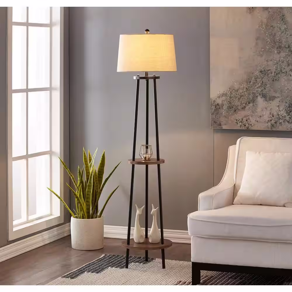 Maxax New York 65 in. Wood Grain and Black Metal Floor Lamp with Table Shelves