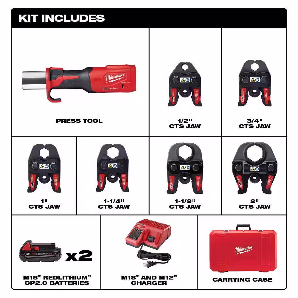 Milwaukee M18 Cordless FORCE LOGIC Press Tool Kit w/1/2 in - 2 in Jaws Kit, M12 Copper Tubing Cutter & M12 HO 2.5ah Battery
