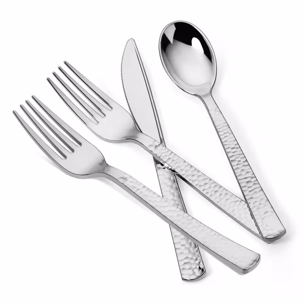 None Hammered 300 Piece Silver Disposable Plastic Flatware Cutlery Set (Service for 75)