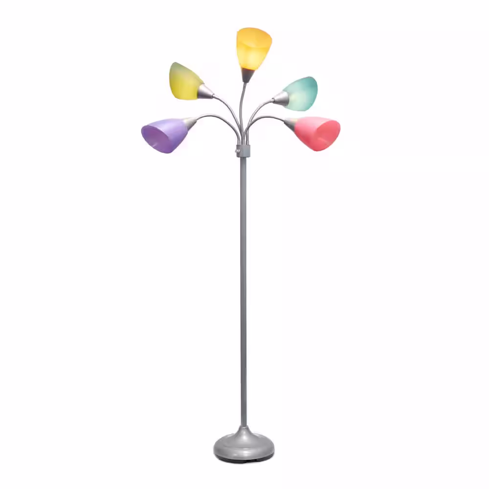 Simple Designs 67 in. Silver and Fun Multi-Colored 5-Light Adjustable Gooseneck Floor Lamp with Plastic Shades