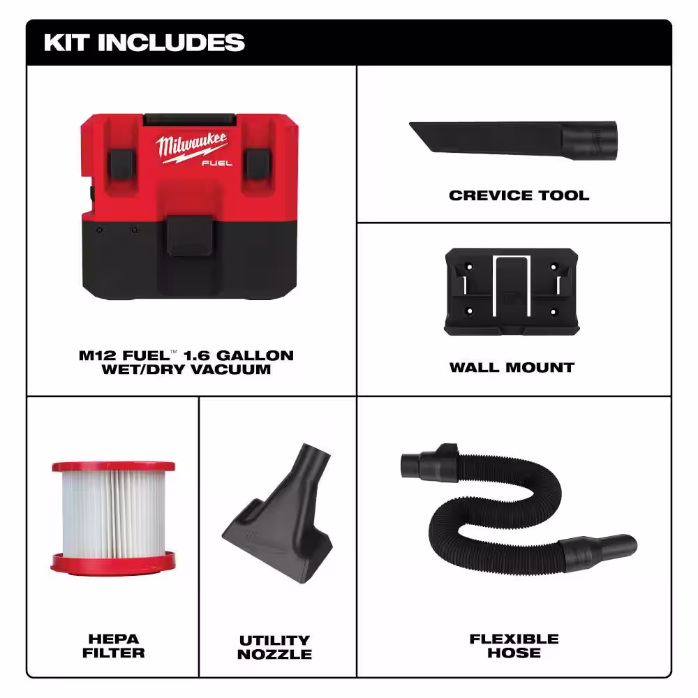 Milwaukee M12 FUEL 12-Volt Lithium-Ion Cordless 1.6 Gal. Wet/Dry Vacuum with 2 Extra Filters