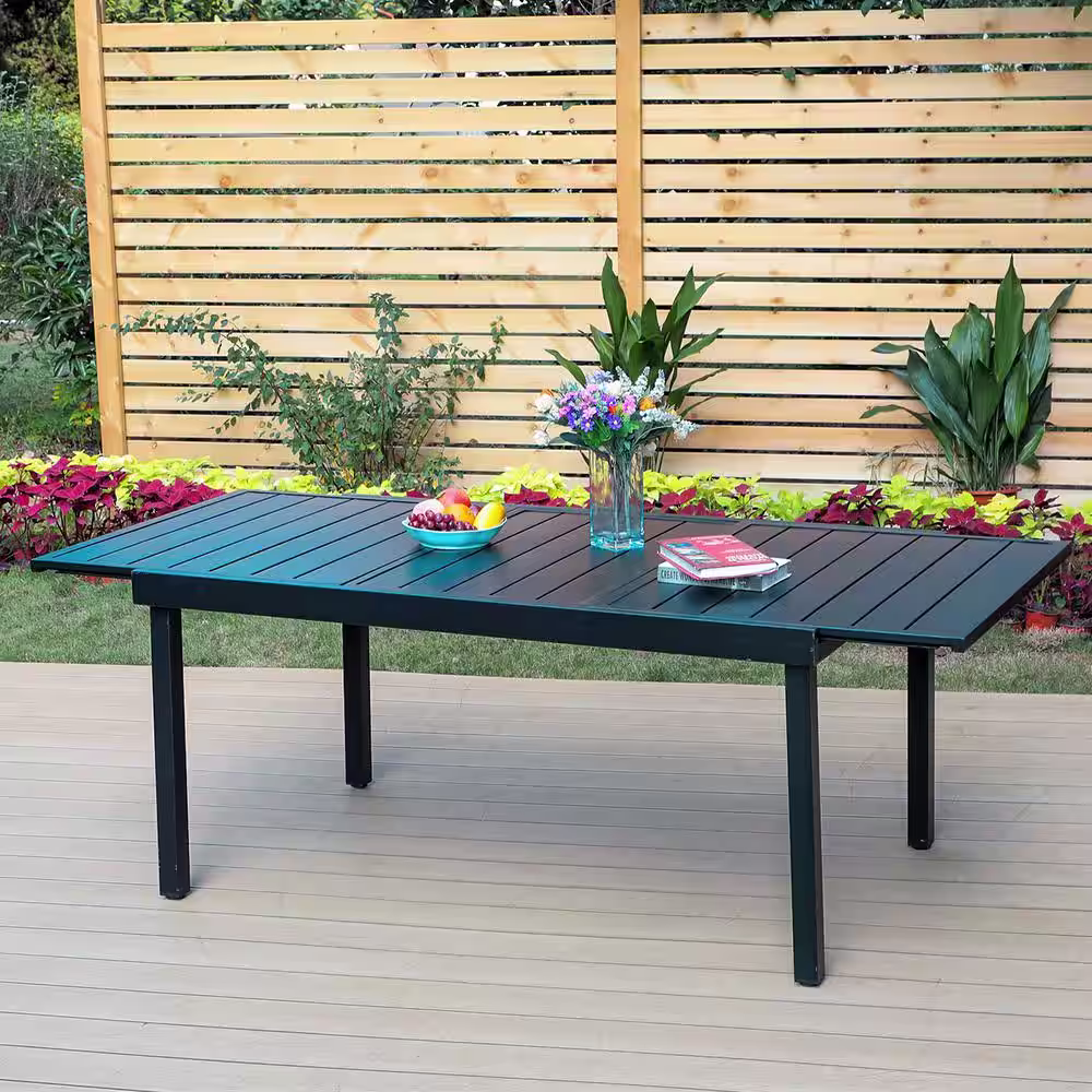 None 9-Piece Metal Patio Outdoor Dining Set with Rectangle Extensible Table and C-Spring Chair with Beige Cushions