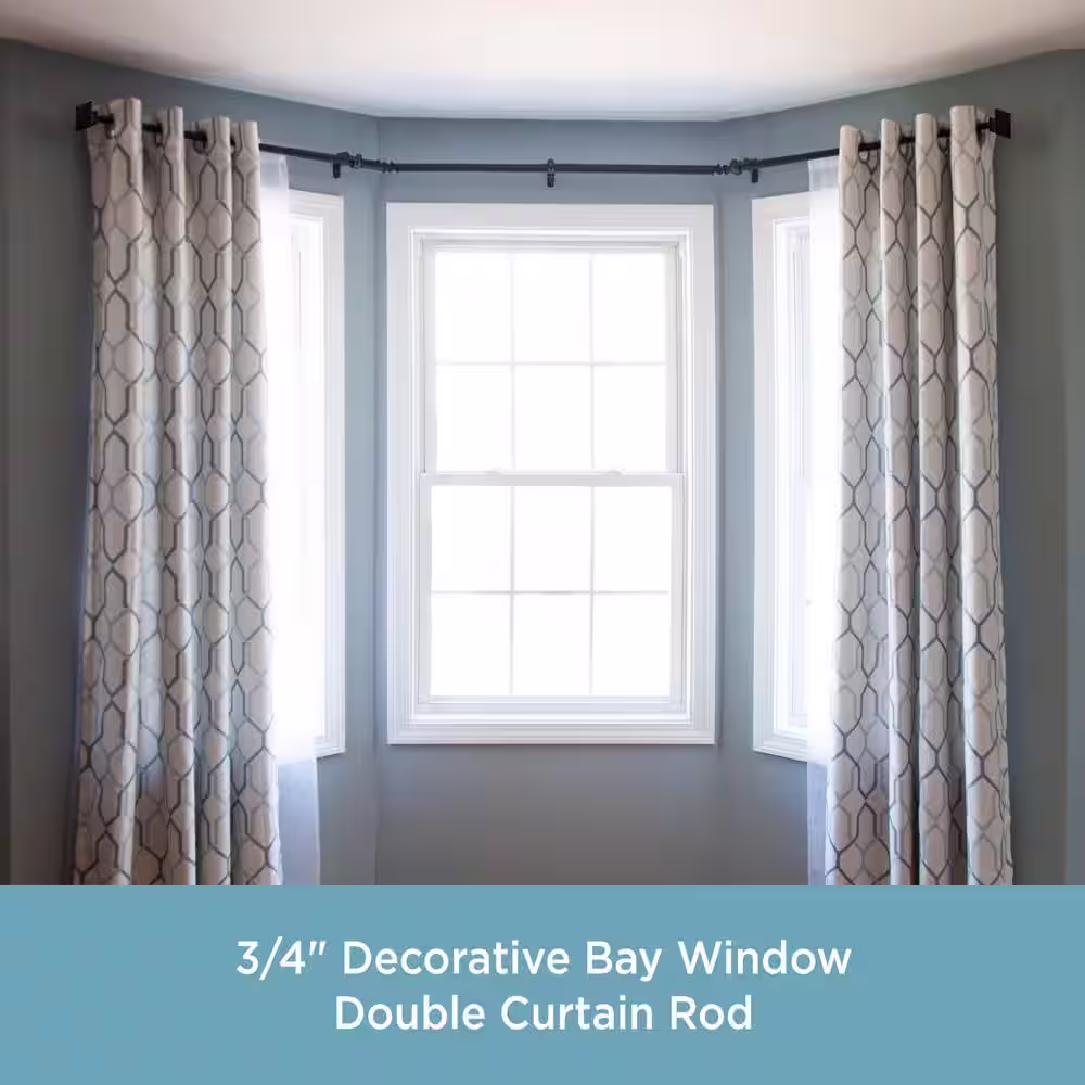 Kenney Mission 78 in. - 144 in. Adjustable Double Bay Window Curtain Rod 3/4 in. Diameter in Black with Square Finials