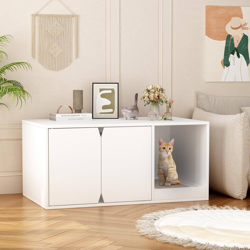 None Indoor Modern Wood Cat Hidden Litter Box Enclosure Cabinet, Large Stackable Cat Washroom Storage Cabinet, White