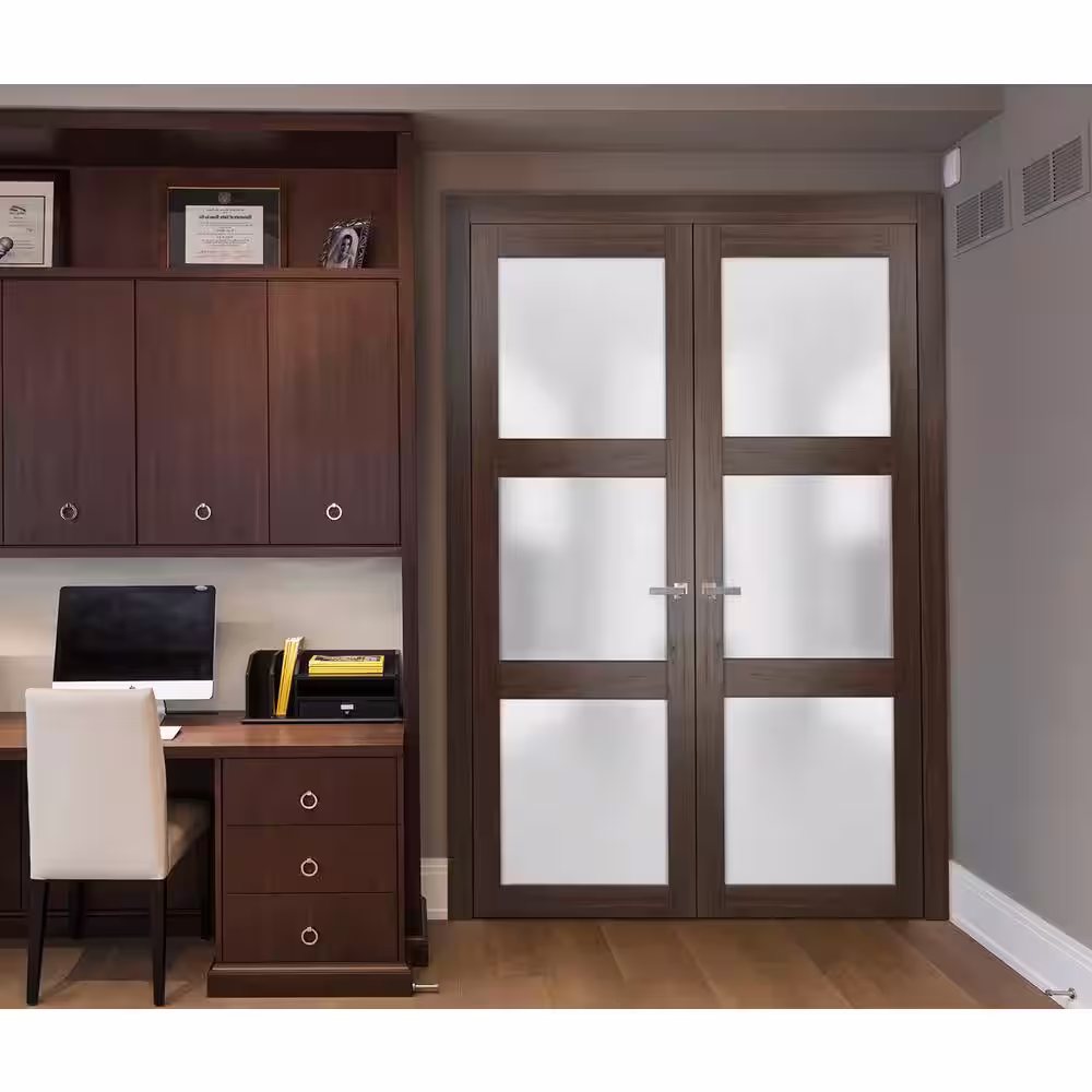 Sartodoors 2552 64 in. x 84 in. Universal Hanling 3-Lite Frosted Glass Solid Brown Finished Pine Wood Interior Door Slab