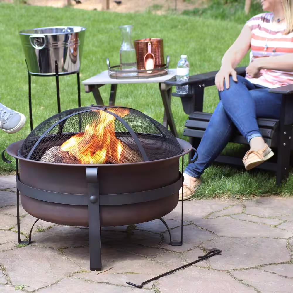 Sunnydaze Decor 29 in. Round Steel Wood Burning Fire Pit with Cauldron Style and Spark Screen Set in Bronze
