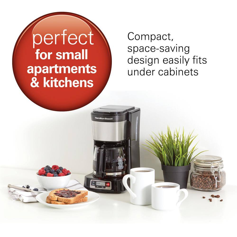 Hamilton Beach 5-Cup Black Compact Coffee Maker with Programmable Clock & Glass Carafe