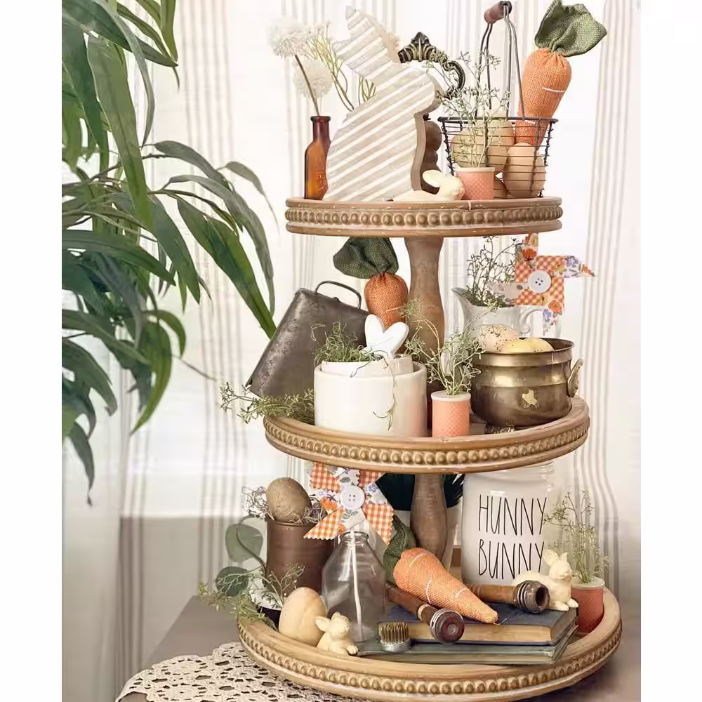 None 3 Tiered Tray Brown Wooden Serving Stand Country Decoration
