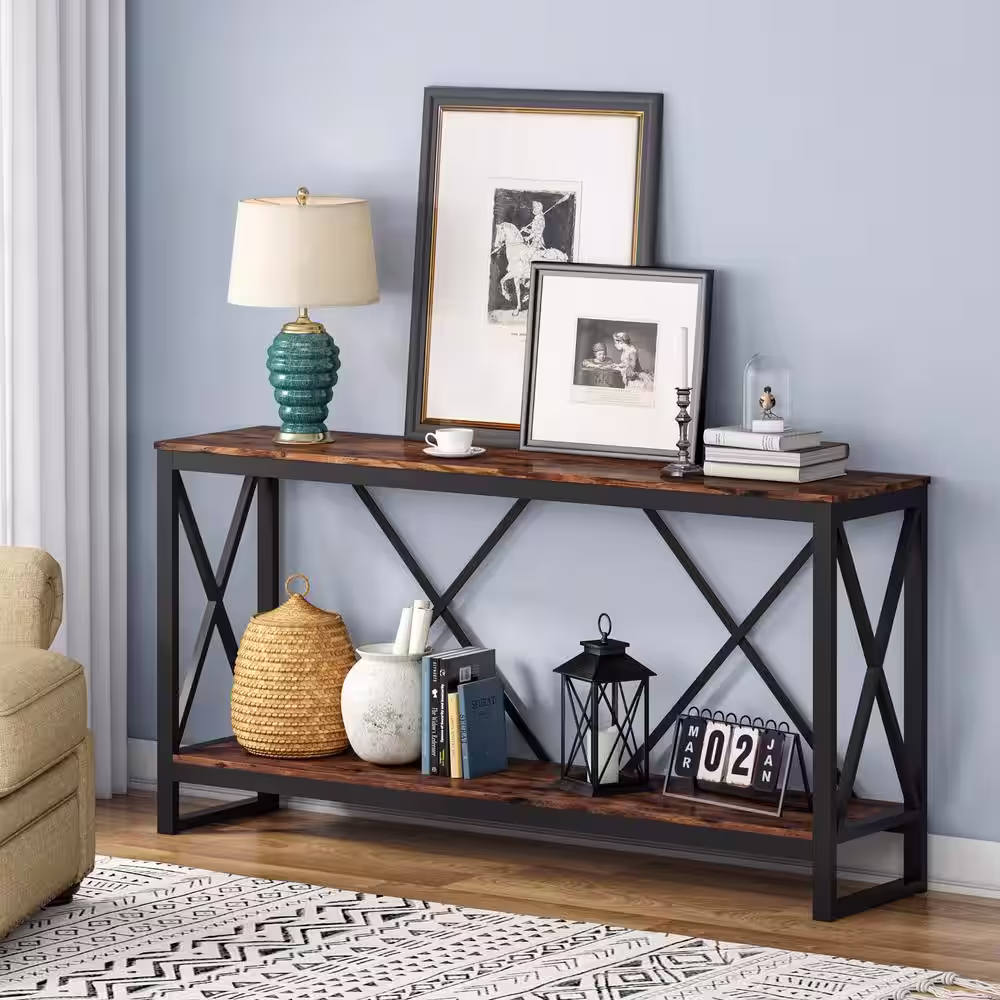 TRIBESIGNS WAY TO ORIGIN Ellie 70.9 in. Vintage Brown Rectangle Wood Console Table, 2-tier Industrial Sofa Table Hallway Table for Home Office