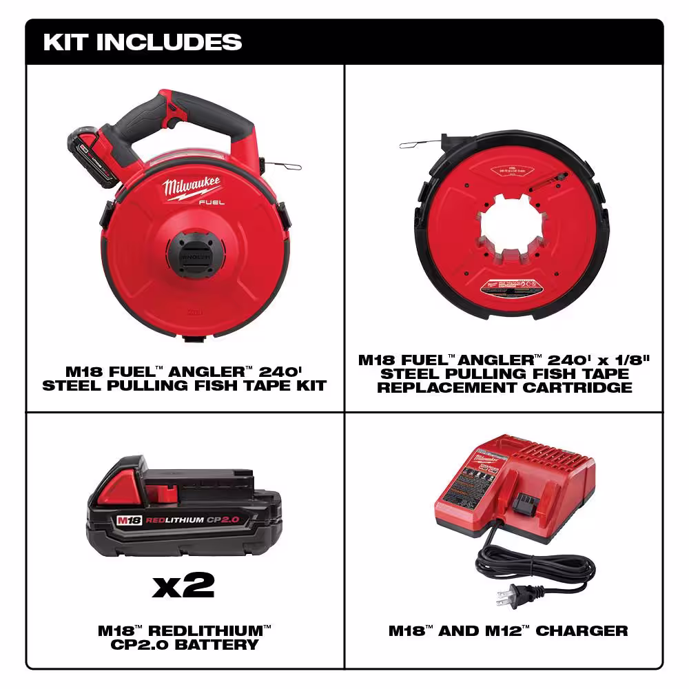 Milwaukee M18 FUEL 18V Lithium-Ion Brushless Cordless Angler 240 ft. Steel Pulling Fish Tape Kit W/ (2) 2.0Ah Batteries