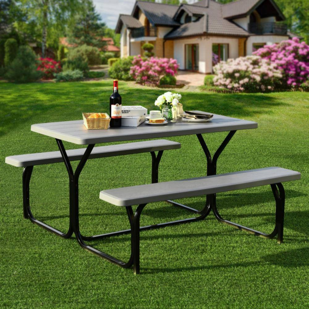 Clihome 54 in. x 59 in. x 28.5 in.  Gray HDPE Rectangle Picnic Table Bench Set with Metal Base for Outdoor Camping All Weather