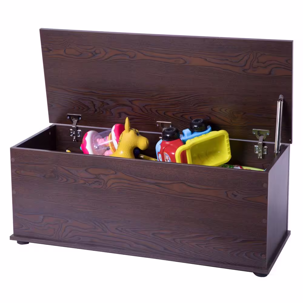 Basicwise Large Storage Toy Box with Soft Closure Lid, Wooden Organizing Furniture Storage Chest, Brown