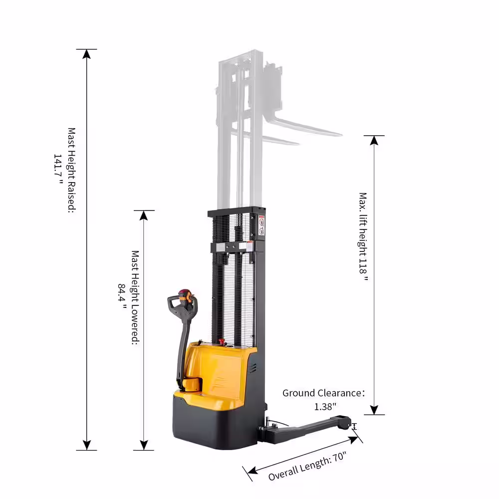 None 2640 lbs. 118 in. Lift Full Powered Straddle Stacker Electric Walkie Pallet Stacker with Adjustable Fork & Straddle Leg