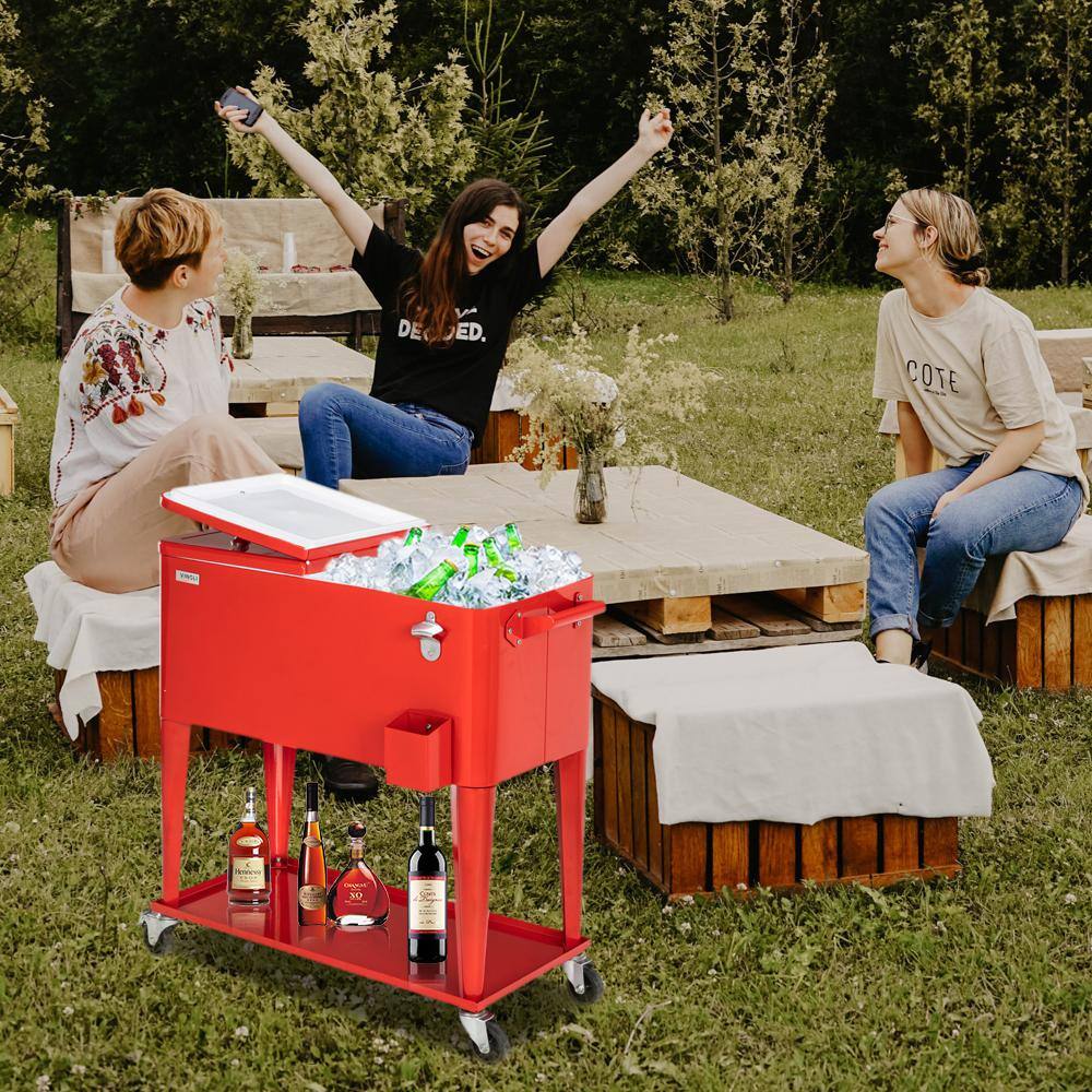 None 80 qt. Rolling Cart on Wheels, Patio Cooler for Party, Ice Chest with Shelf, Bottle Opener, Water Pipe in Red